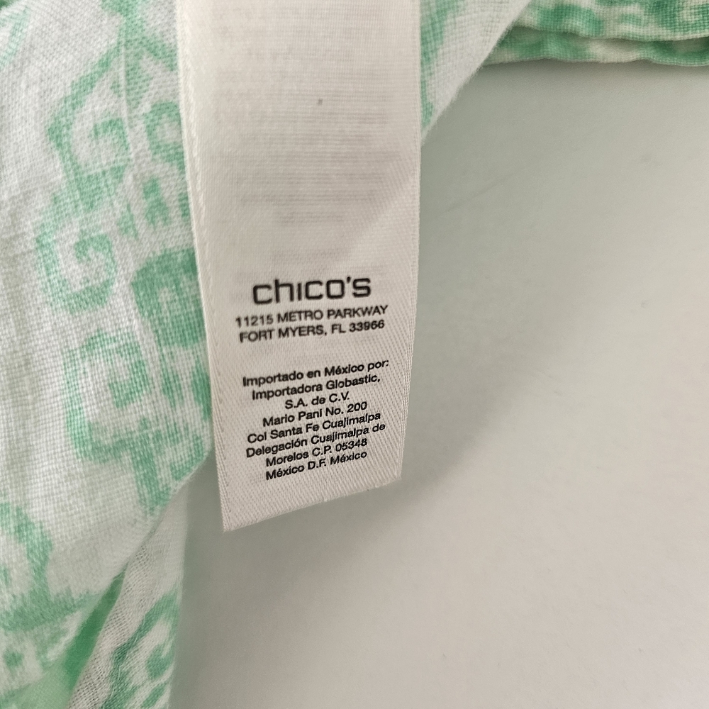 Chico's 100% Linen Large (Size 1 /M 8-10) No Iron Green & White Button Up Shirt - Picture 7 of 7